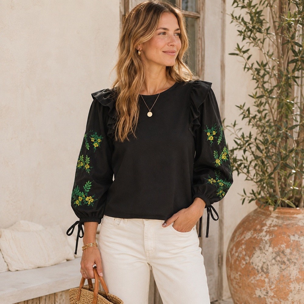 Bleuh Ciel Anthropologie Blouse Embroidered Floral Puff‎ Sleeve Boho Women's S